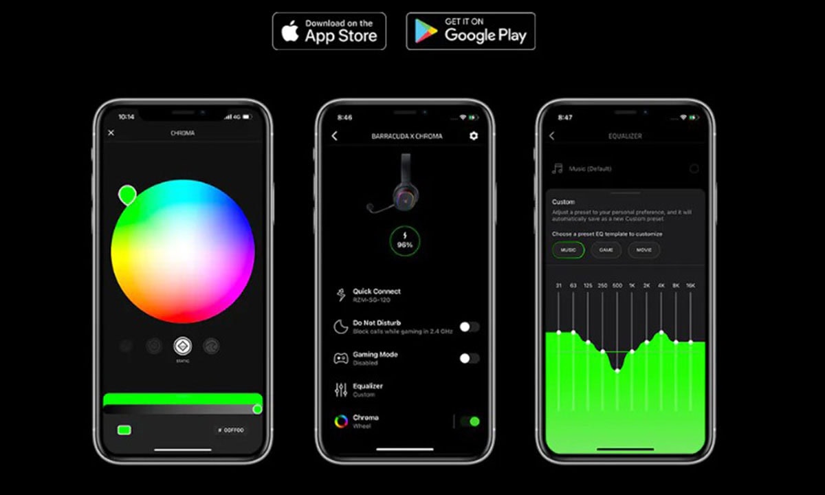 Renkli ışık ayarlarını gösteren akıllı telefon ekranları, oyun ve müzik performansı için özelleştirilebilir EQ ve ışık efektleri, mobil oyun tutkunları ve müzik severler için ideal.