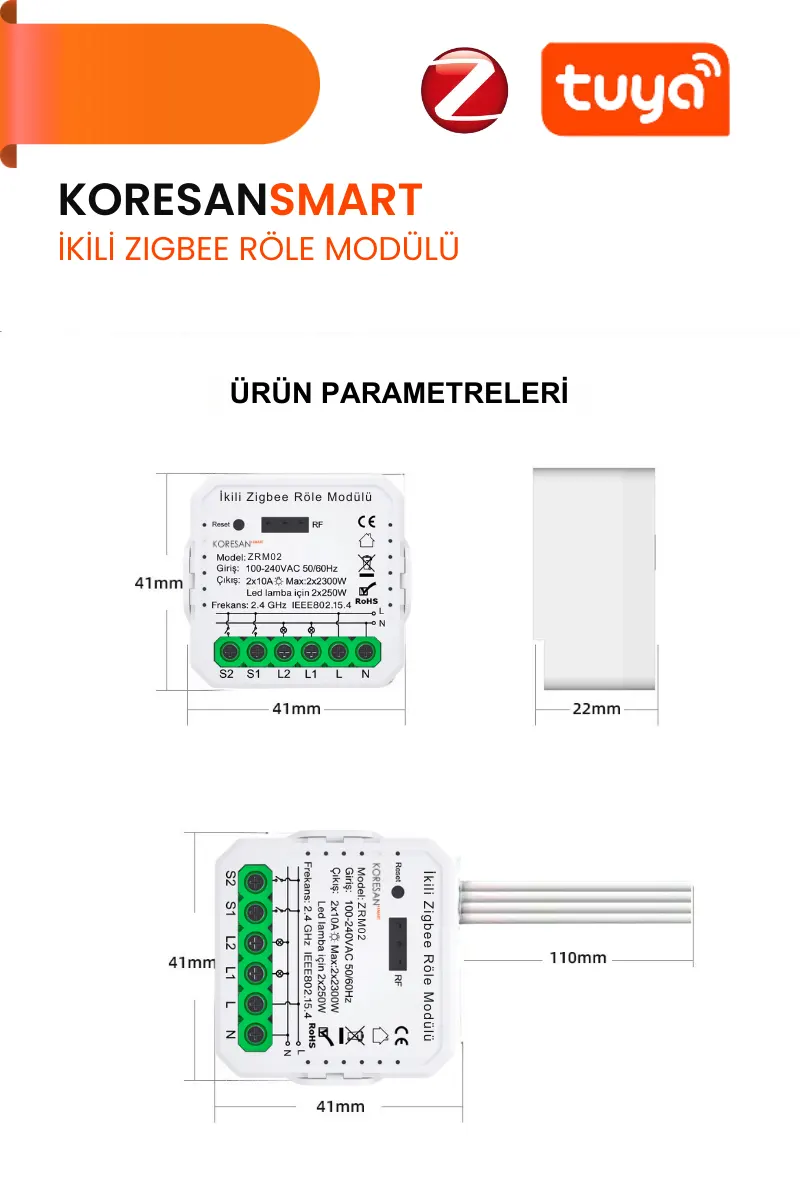 Mini İkili Zigbee Tuya Röle Anahtar Modülü + RF Alıcılı