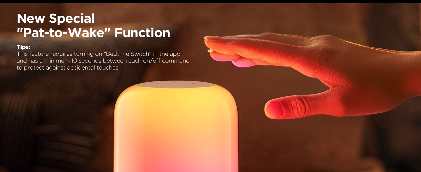Close-up of a hand gesture interacting with a glowing orange device, demonstrating a 'Pat-to-Wake' function feature.