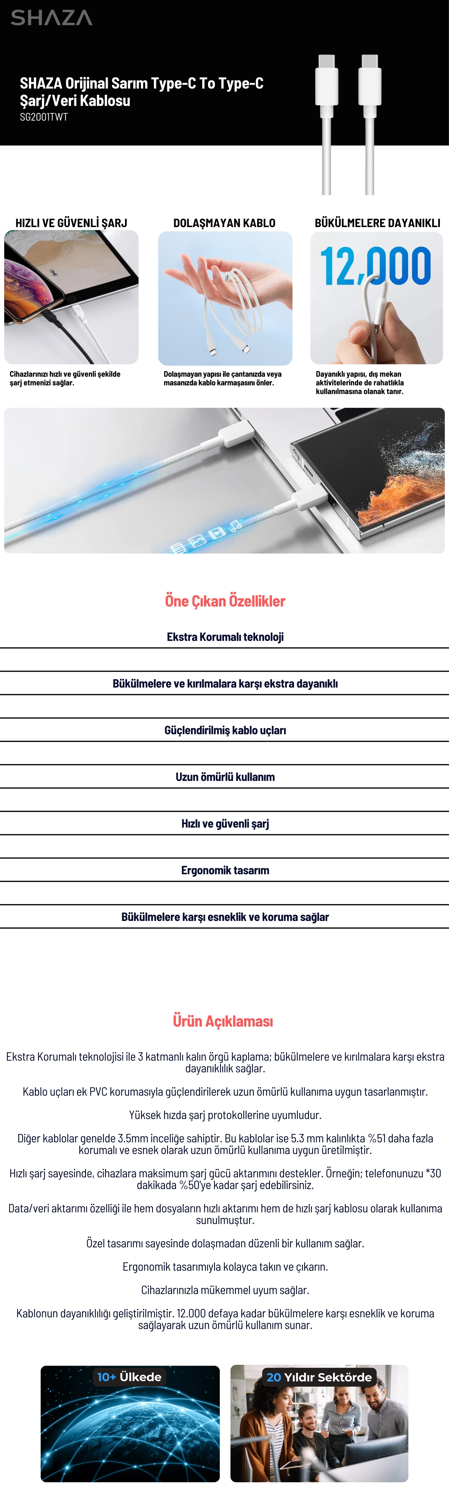 SHAZA Orijinal Sarım Type-C To Type-C Şarj/Veri Kablosu