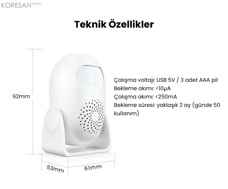 K02 Mağaza Müşteri Uyarı Zili teknik özellikler ölçüler ve enerji bilgisi