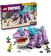 Metin "LEGO FORTNITE" yazıyor. Turkuaz vurgulu ve açık çeneli büyük mor mekanik dinozor tasarımı. Küçük karakterler ve manzara parçaları dahil.