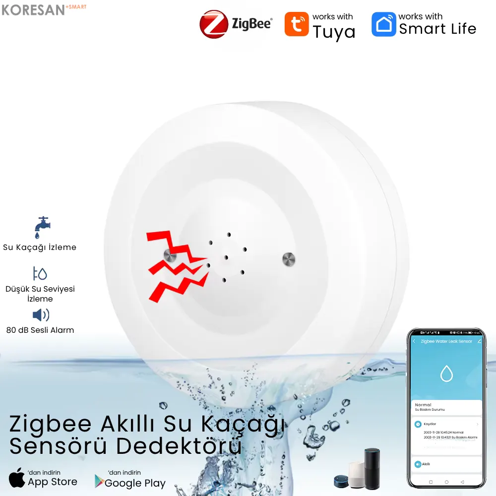 Tuya Sirenli Su Baskını Sensörü – Zigbee ana görsel su kaçağı alarmı