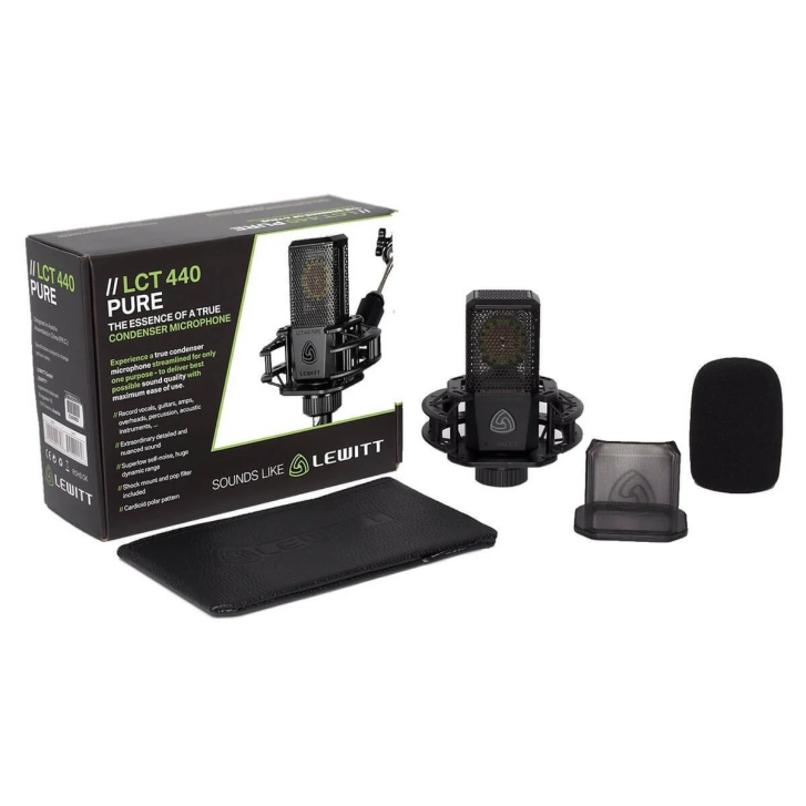 Lewitt LCT 440 PURE'un kutu içeriği: shock mount ve manyetik pop filtre