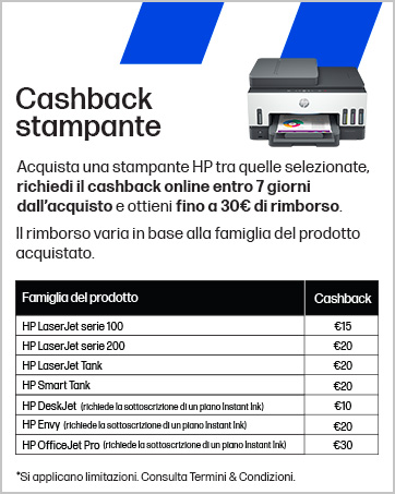 Metin, HP Lazer Yazıcıları €10-30 tutarındaki fiyatlandırma tablosuyla birlikte "Stant Cashback" yazıyor. Satın alma işleminden sonraki 7 gün içinde yazıcınızı ve para iadesi şartlarını 30 € 'ya kadar gösteren promosyon teklifi.