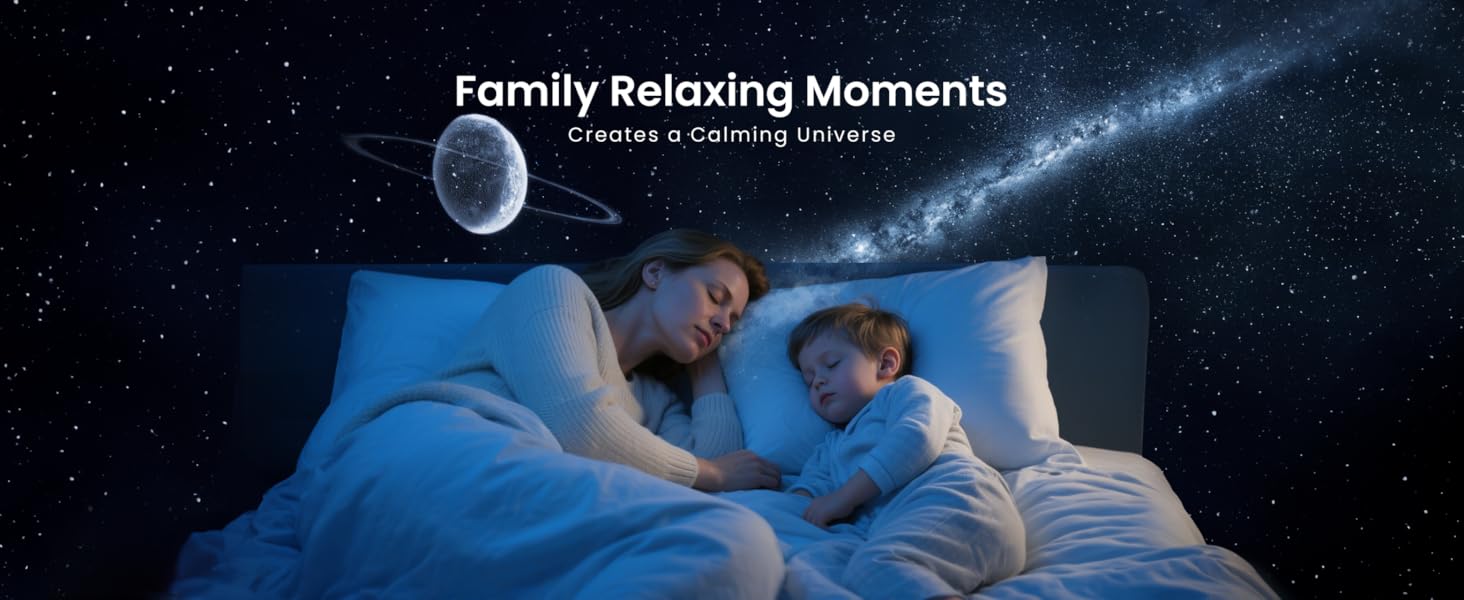 Text reads 'Family Relaxing Moments'. Night scene showing illuminated room through window with moon visible in sky.