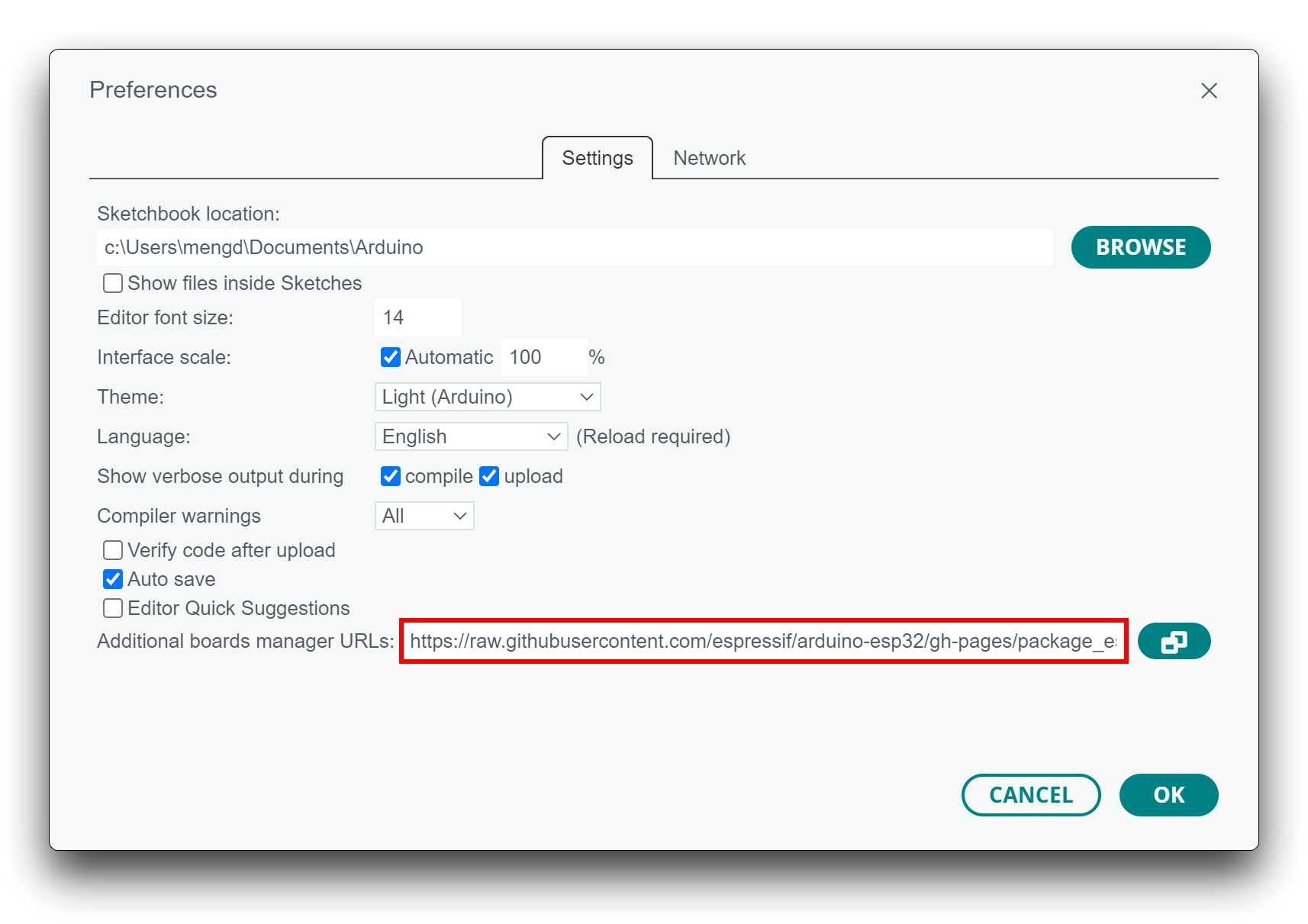 Arduino IDE ESP32 board manager URL ayarı