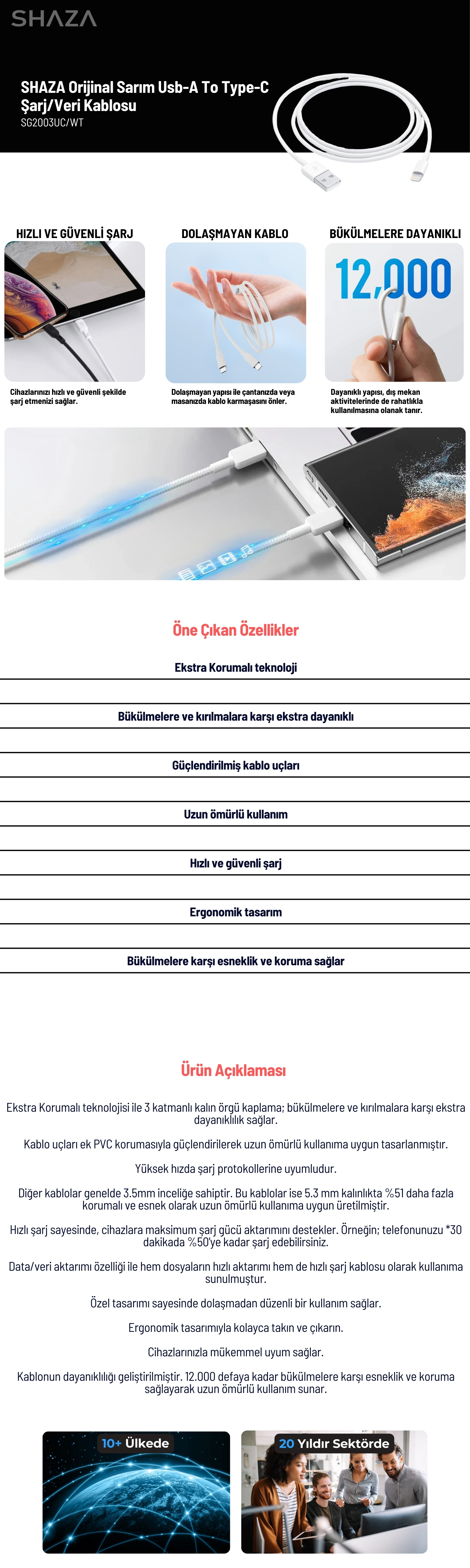 SHAZA Orijinal Sarım Usb-A To Type-C Şarj/Veri Kablosu