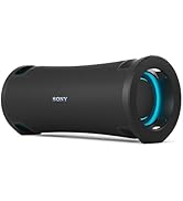 Metin "SONY" yazıyor. Silindirik bir tasarım gösteren mavi vurgulu ışıklı siyah taşınabilir bir Bluetooth hoparlörün birden fazla açısı.