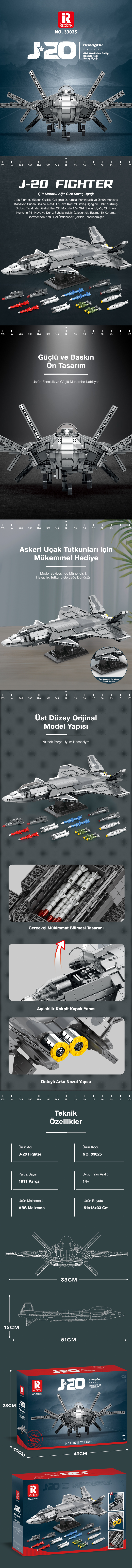 Reobrix Fighter Aircraft Chinese Chengdu J-20 33025 Brick Yapım Seti