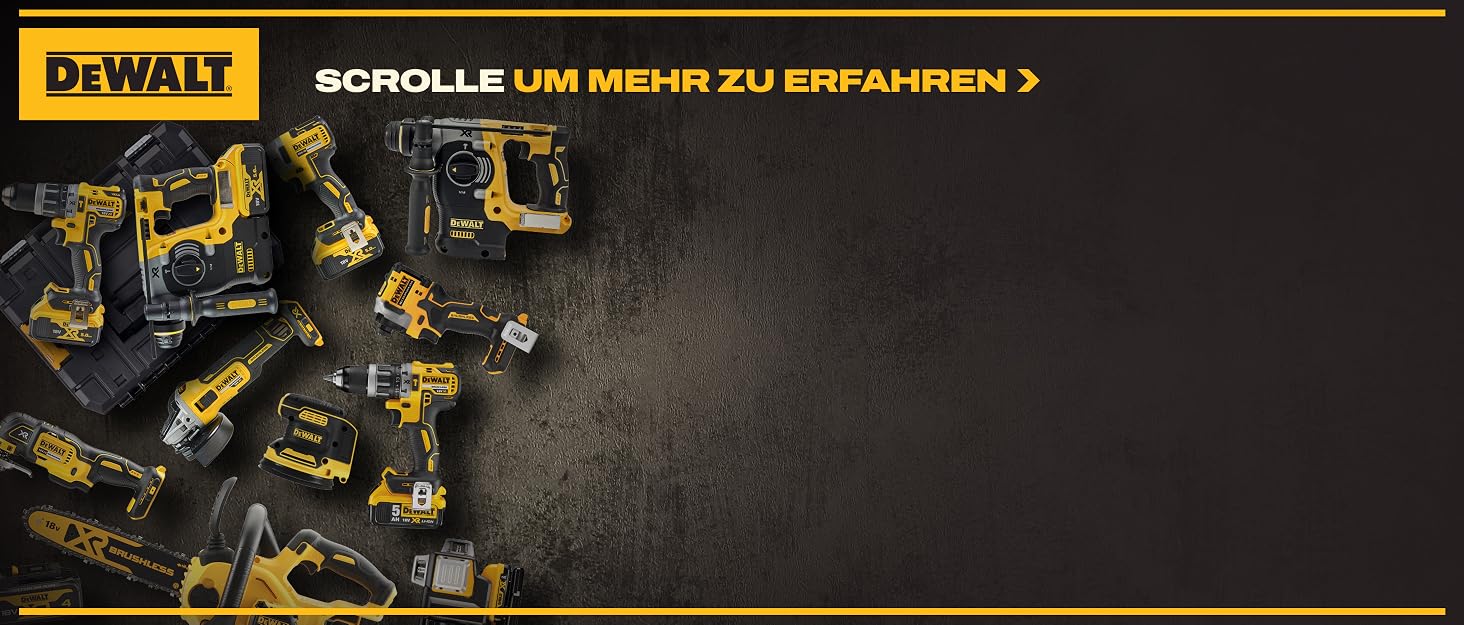 Metin "DEWALT" ve ardından Almanca "SCROLLE UM DAHA FAZLA BİLGİ EDİN" metnidir. Resme dağılmış sarı Dewalt elektrikli aletlerle koyu arka plan.