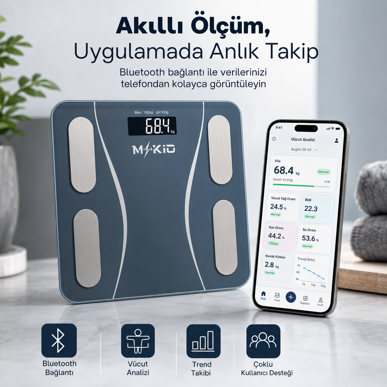 MKİO Bluetooth akıllı baskül ve uygulama takibi