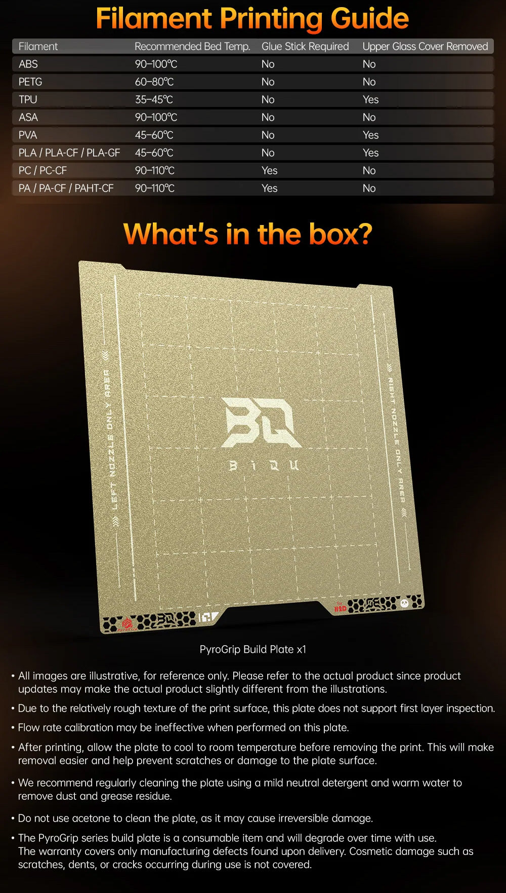 BIQU PyroGrip filament temperature guide and specifications