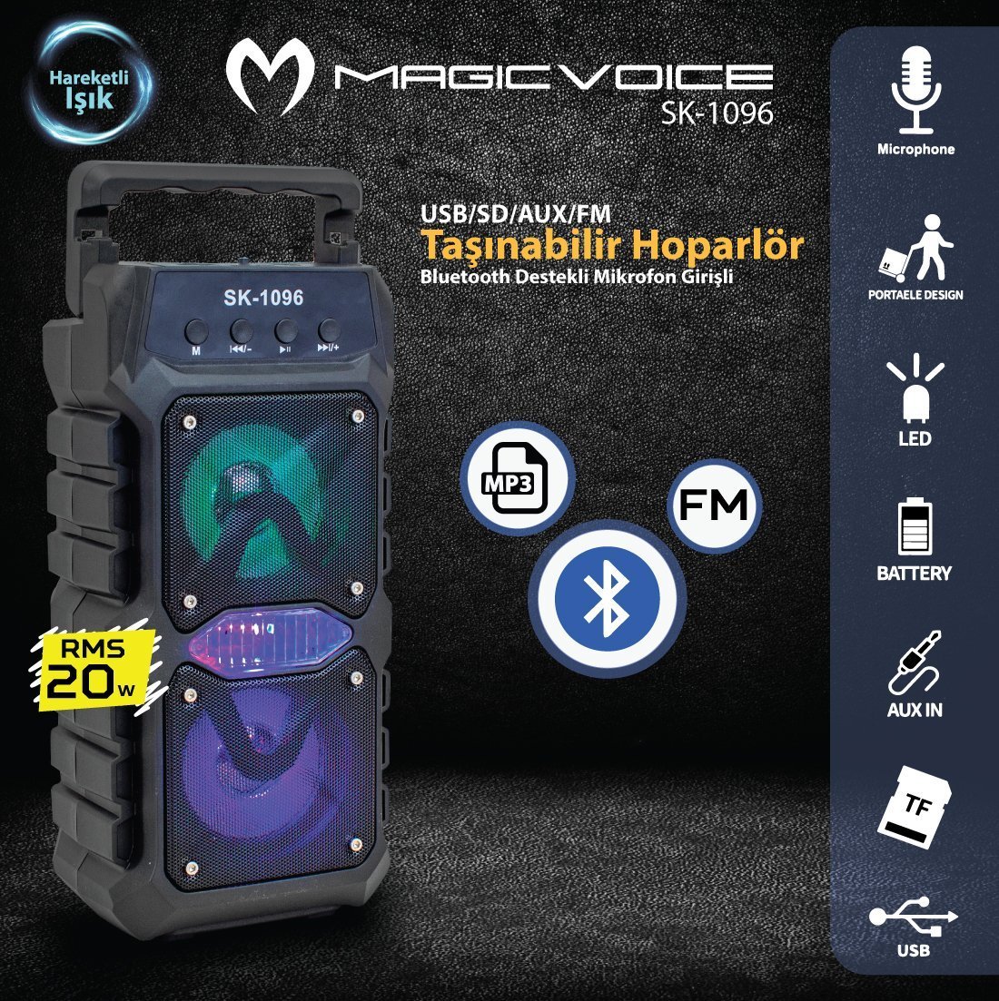 Magicvoice SK-1096 20 Watt USB/SD/AUX/FM/Bluetooth Destekli Mikrofon Girişli Taşınabilir Hoparlör