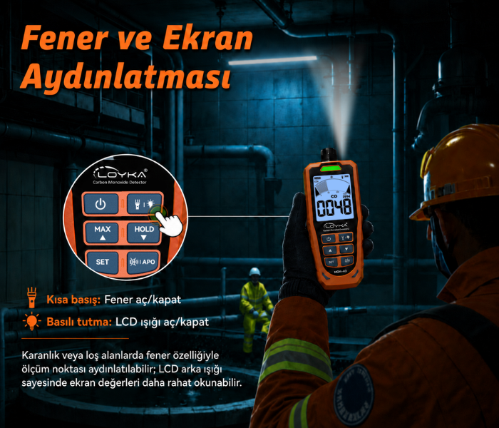 MON-40 karbonmonoksit ölçerde fener ve ekran aydınlatma özelliği