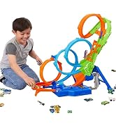 Hot Wheels oyuncak araba izleme seti, 4 döngülü, 3 şeritli çarpma bölgesi ve pille çalışan B.