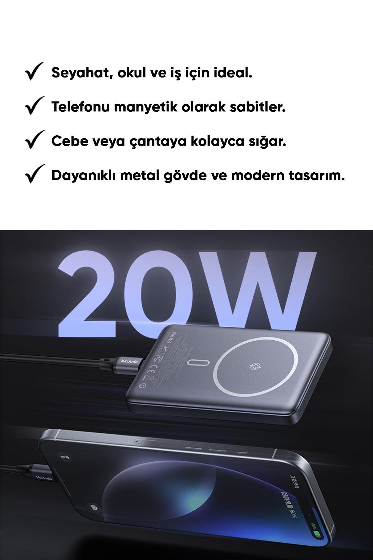 MC-4651 10000mAh 20W Metal Ultra İnce Manyetik Kablosuz Powerbank - Siyah Afişi