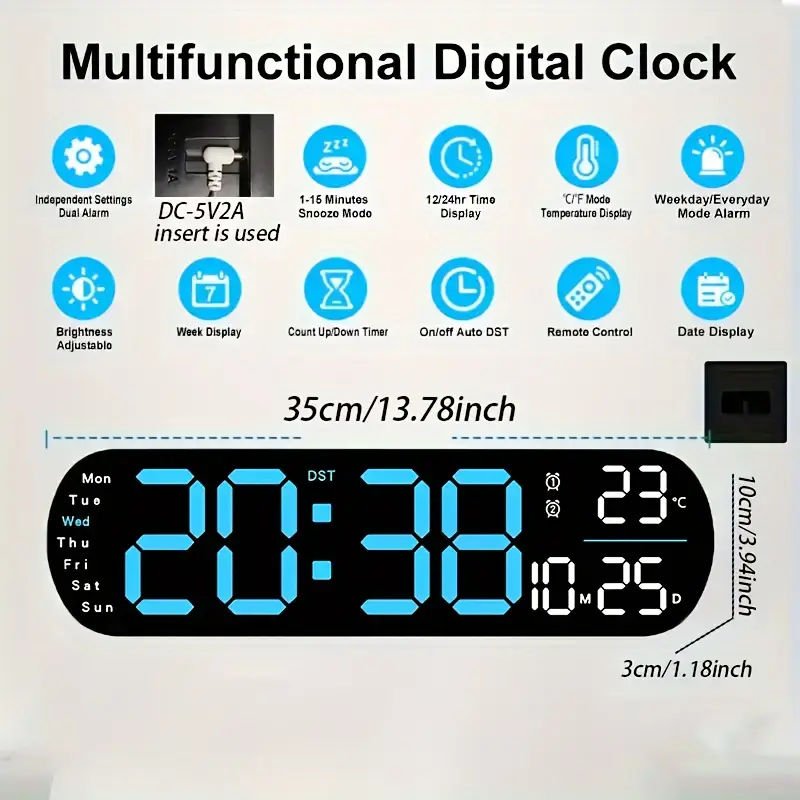 uzaktan kumandalı büyük dijital , çift alarm, yaz uygulaması, 10 seviyeli parlaklık, led gece işığı, usb ile çalışır, kablosuz prizli kullanım, odaları, oturma odaları ofisler için i̇deal ( dahil değildir) ayrıntılar 3