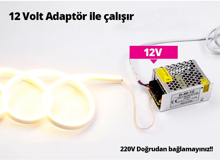 Powermaster 12 Volt 100 Metre Pembe Neon Şerit Led