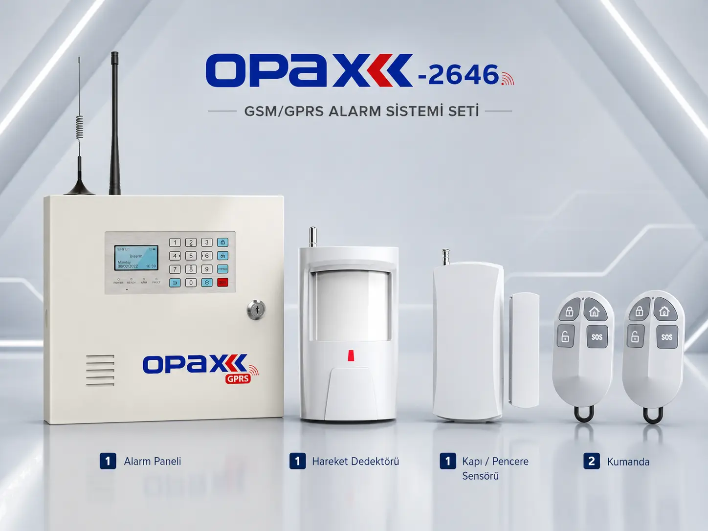 OPAX-2646 GPRS GSM alarm paneli kutu içeriği hareket dedektörü kapı pencere sensörü uzaktan kumanda trafo AHM