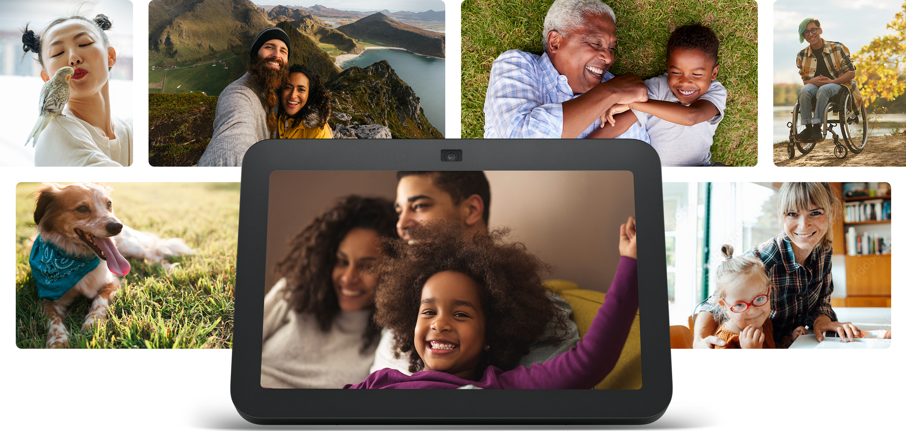 Echo Show 8, canlı fotoğraflardan oluşan bir kolajın önünde oturuyor.