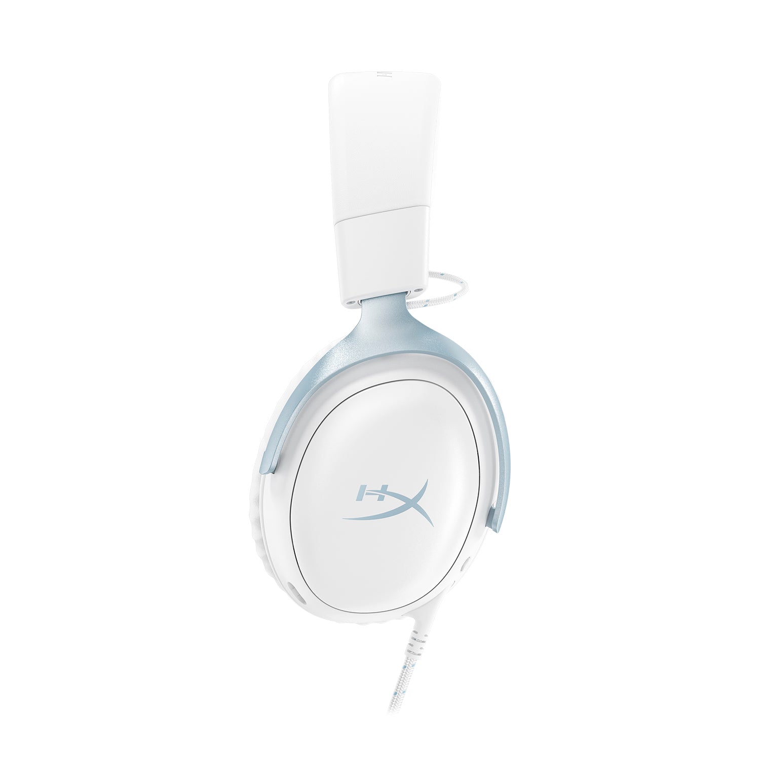 HyperX Cloud III beyaz ve mavi kulaklık, yandan görünüm