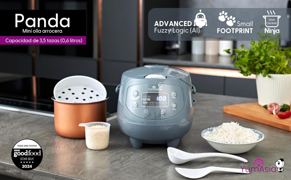 Gelişmiş bulanık mantık ve ayak izi teknolojisine sahip Panda markası, pirinç kaşığı ve ölçü kabıyla gösteriliyor