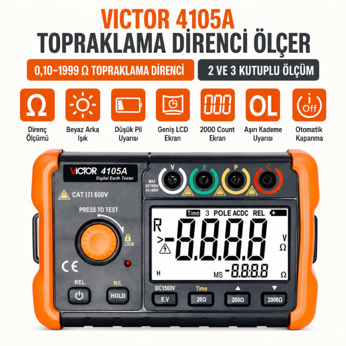 Victor 4105A renk kodlu terminalleri ve ölçüm fonksiyonları