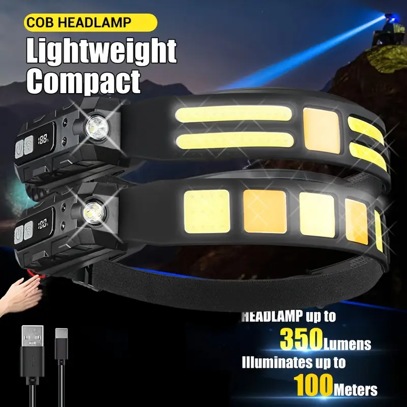 Ultra-Bright LED+COB Headlamp with Wave Sensor for Switch - Rechargeable, Adjustable Beam, Matte Finish for Outdoor Adventures, Rechargeable Headlamp details 2