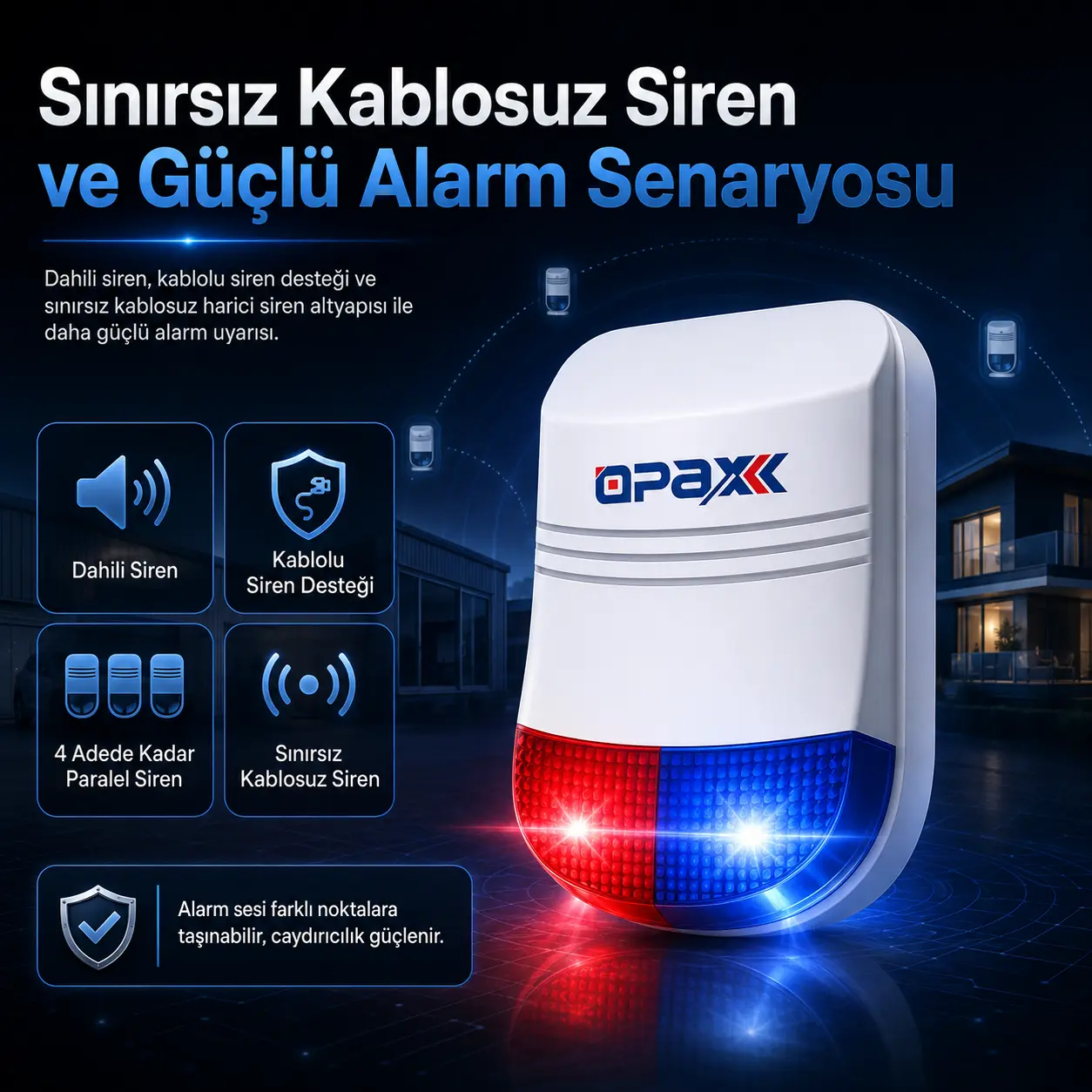OPAX-2646 sınırsız kablosuz siren desteği infografik görseli - dahili siren, kablolu siren, 4 paralel kablolu siren ve kablosuz harici siren desteği