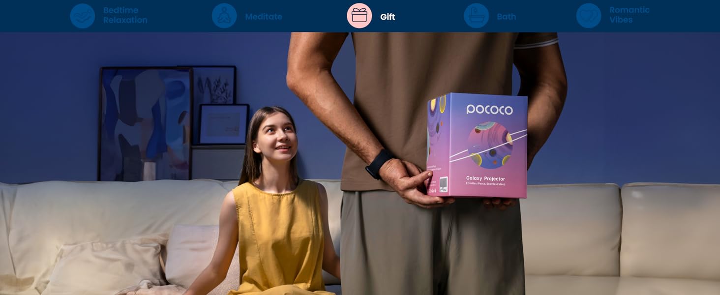 Person holding a pink box labeled 'Cove' against a blue background, with another person sitting on a couch.