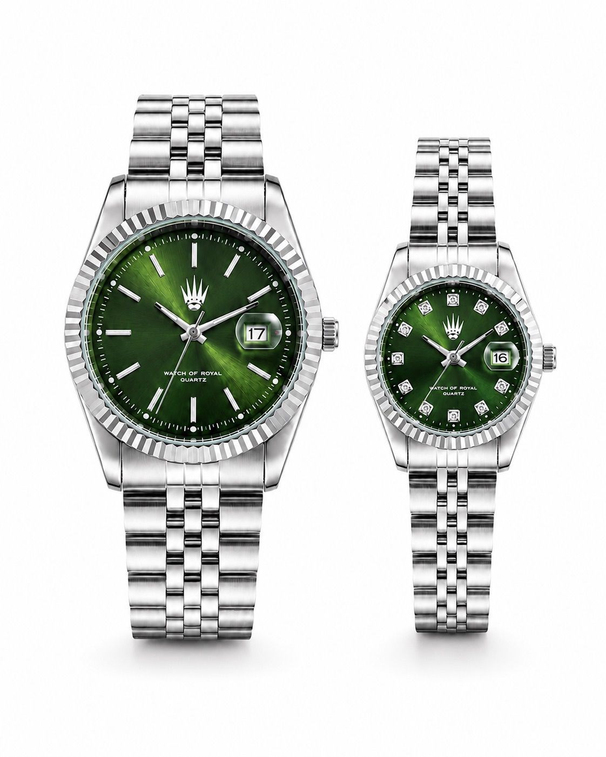 Çift Saati Crest Line Silver Green saatin önden kasa ve çelik kordon görünümü