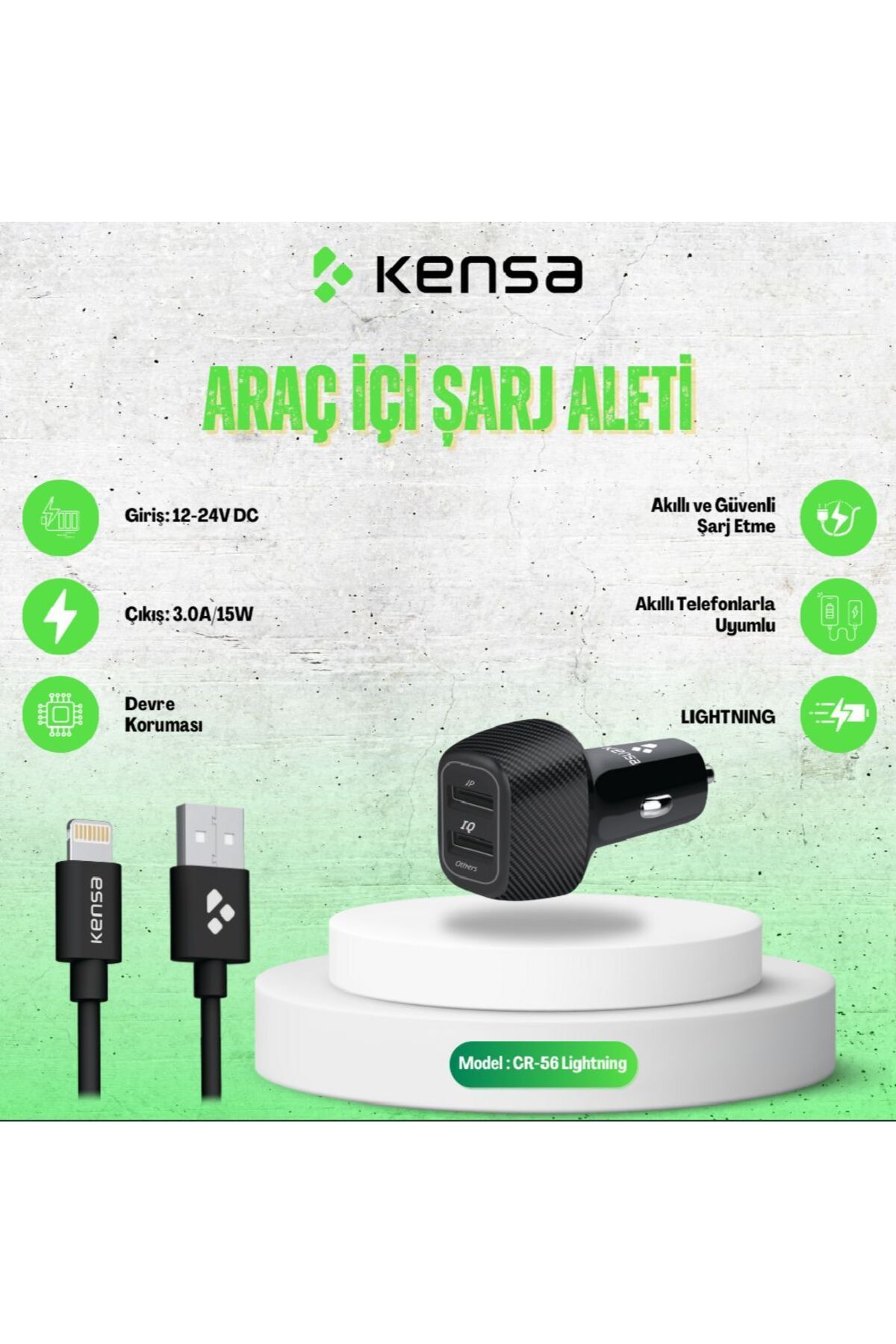 Kensa iPhone iOS Uyumlu ARAÇ ÇAKMAKLIK ŞARJ GİRİŞ 12-24V DC ÇIKIŞ 40W ADAPTÖR USB KABLOLU KABLO VE ADAPTÖR