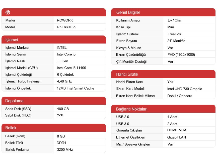 Rowork Mk2 Intel I5 11400 8gb Ram 480SSD 24 Monitör Set Fiyatı