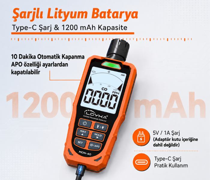 MON-40 Type-C şarj bağlantısı ve dahili batarya