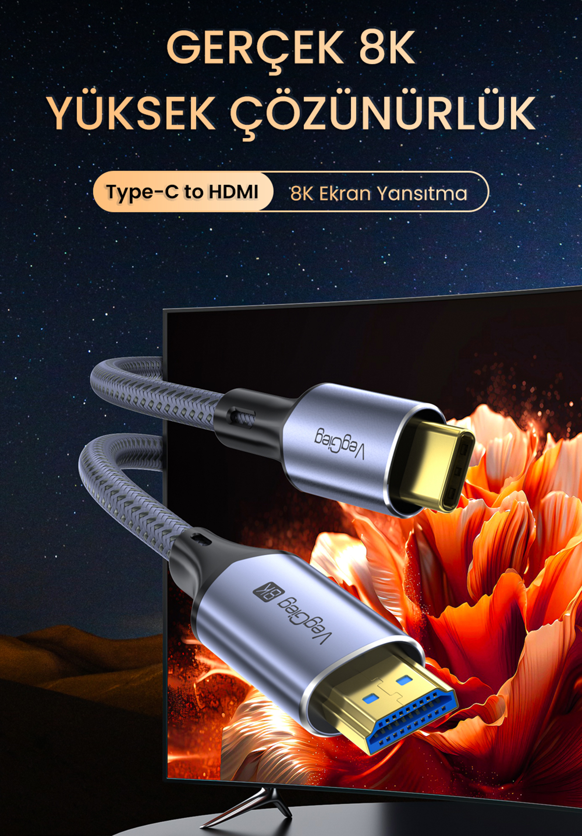 Veggieg Type-C To HDMI Kablo 8k 60Hz 4K 240Hz Hdr 3D 48GBPS Fiyatı