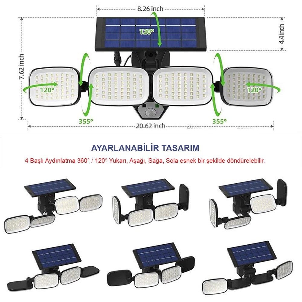 Powermaster 6 Volt - 3 Watt Solar Panelli Hareket Sensörlü 200 SMD Ledli Lamba PM-8048