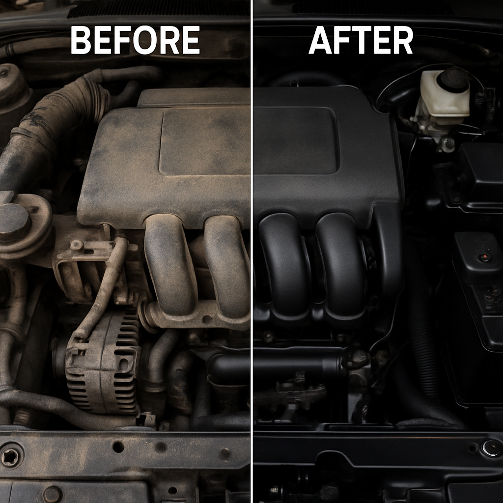 Altınoran sprey ile temizlenmiş ve temizlenmemiş motor bölümü karşılaştırması