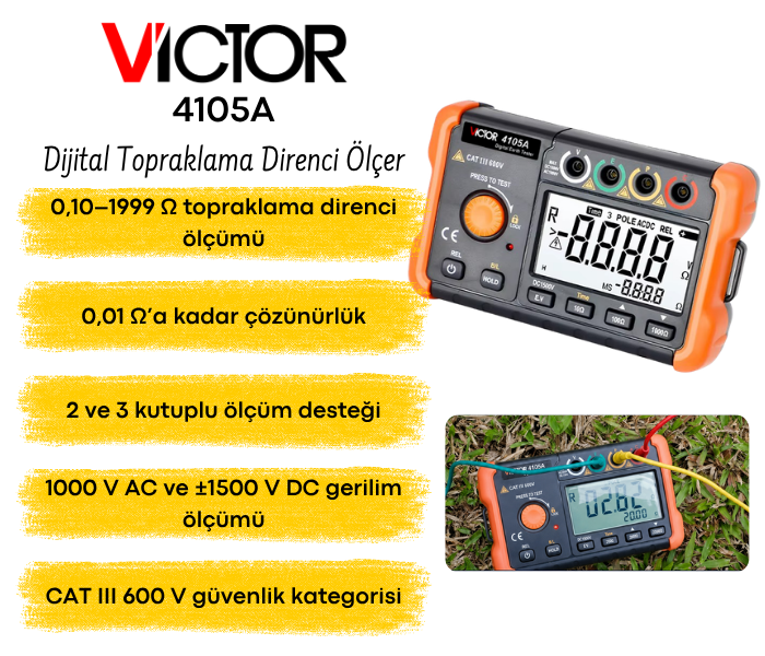 Victor 4105A dijital topraklama direnci ölçer ve test aksesuarları
