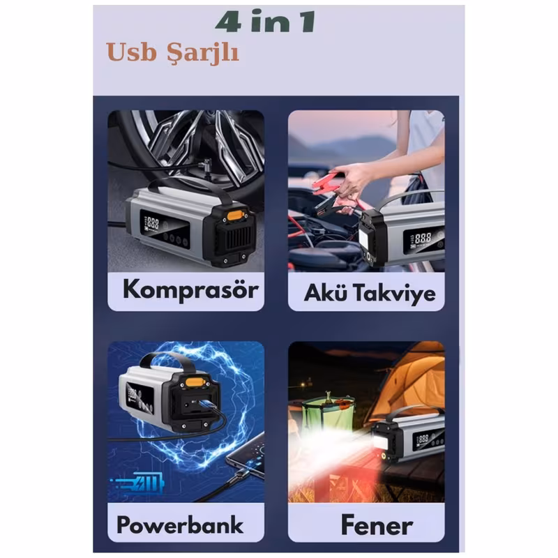  12v 2000amp 8000mah akıllı akü takviye + powerbank + hava kompresörü + lamba işıklı oto marş hava kompresörü Ürün detayları 5