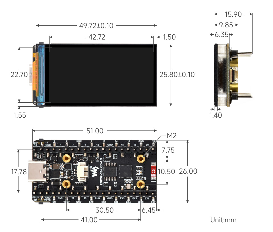 ESP32-C6 LCD 1.9 ölçü ve mekanik boyut görseli