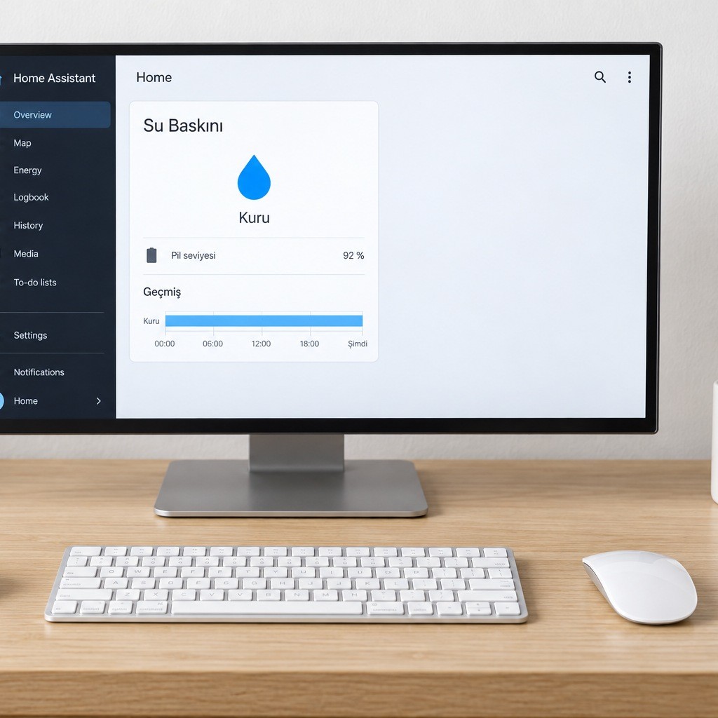 Home Assistant panelinde su baskını kartı, pil ve geçmiş, masada sensör