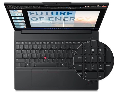 Lenovo ThinkPad E16 Gen 3 (16” Intel) dizüstü bilgisayar, üretkenliği artırmak için sayısal tuş takımına sahip akıcı bir klavyeyle donatılmıştır.