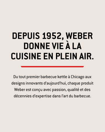 Metin şu şekildedir: WEBER 1952'den beri "AÇIK MUTFAKLARA HAYAT VERİYOR". "Chicago'daki ilk barbeküden günümüzün yenilikçi tasarımlarına kadar her Weber ürünü tutku, kalite ve onlarca yıllık barbekü uzmanlığı ile tasarlanmıştır. »