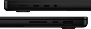 macbook pro’nun bağlantı noktaları gösteriliyor: sol tarafta magsafe, iki adet thunderbolt bağlantı noktası ve kulaklık jakı; sağ tarafta sdxc, bir adet thunderbolt bağlantı noktası ve hdmı
