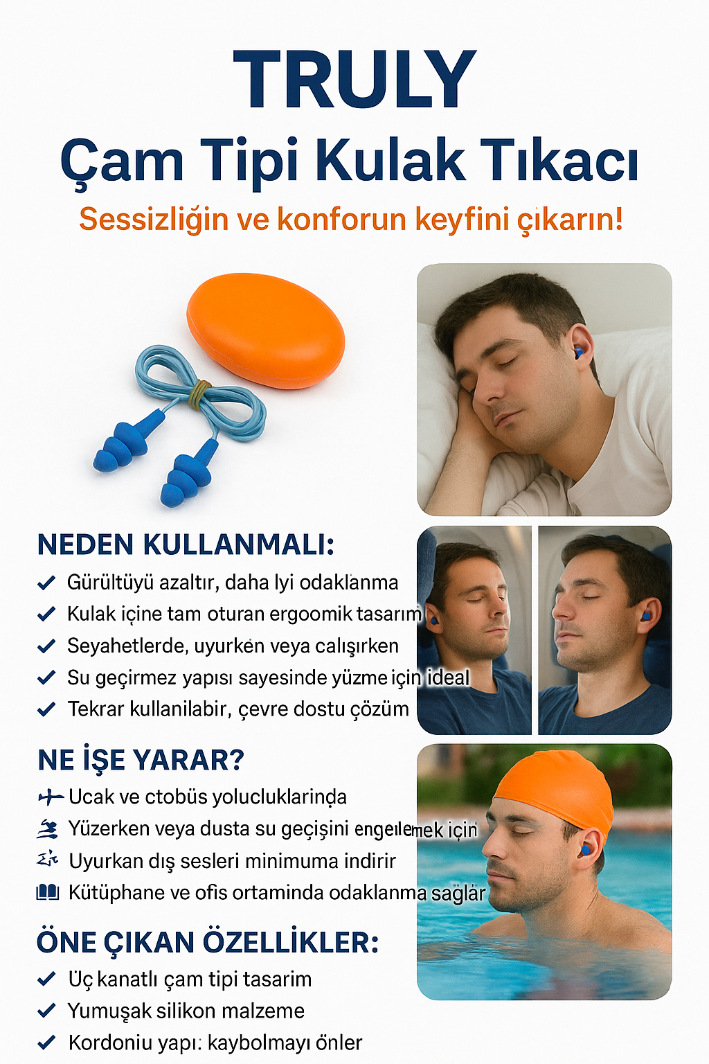 Truly kulak tıkacı kullanım sahnesi yüzme ve uyku