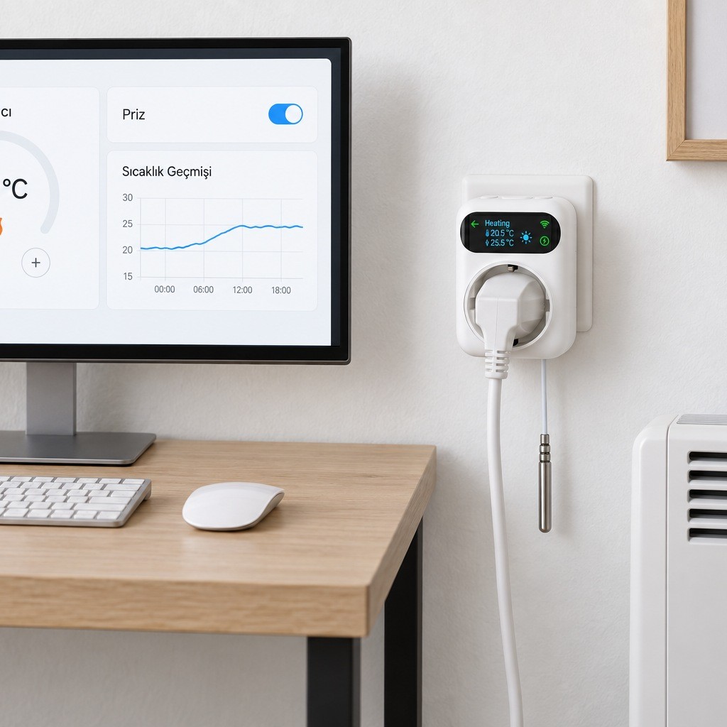 Home Assistant panelinde ısıtıcı termostat kartı ve sıcaklık grafiği, masanın yanındaki prizde priz tipi termostat