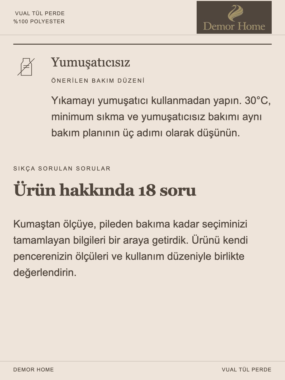 DEMOR HOME vual tül perde: Pileli vual için nazik bakım.