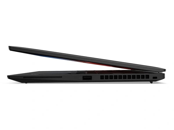 Right-side profile of the Lenovo ThinkPad T14s Gen 4 laptop in Deep Black, with top cover barely open.