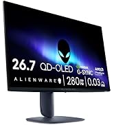 Metin "26,7 QD-OLED G-SYNC 280 Hz 0,03 ms". Mavi ışık efektli siyah arka plan üzerinde Alien Head logolu oyun monitörü ekranı.